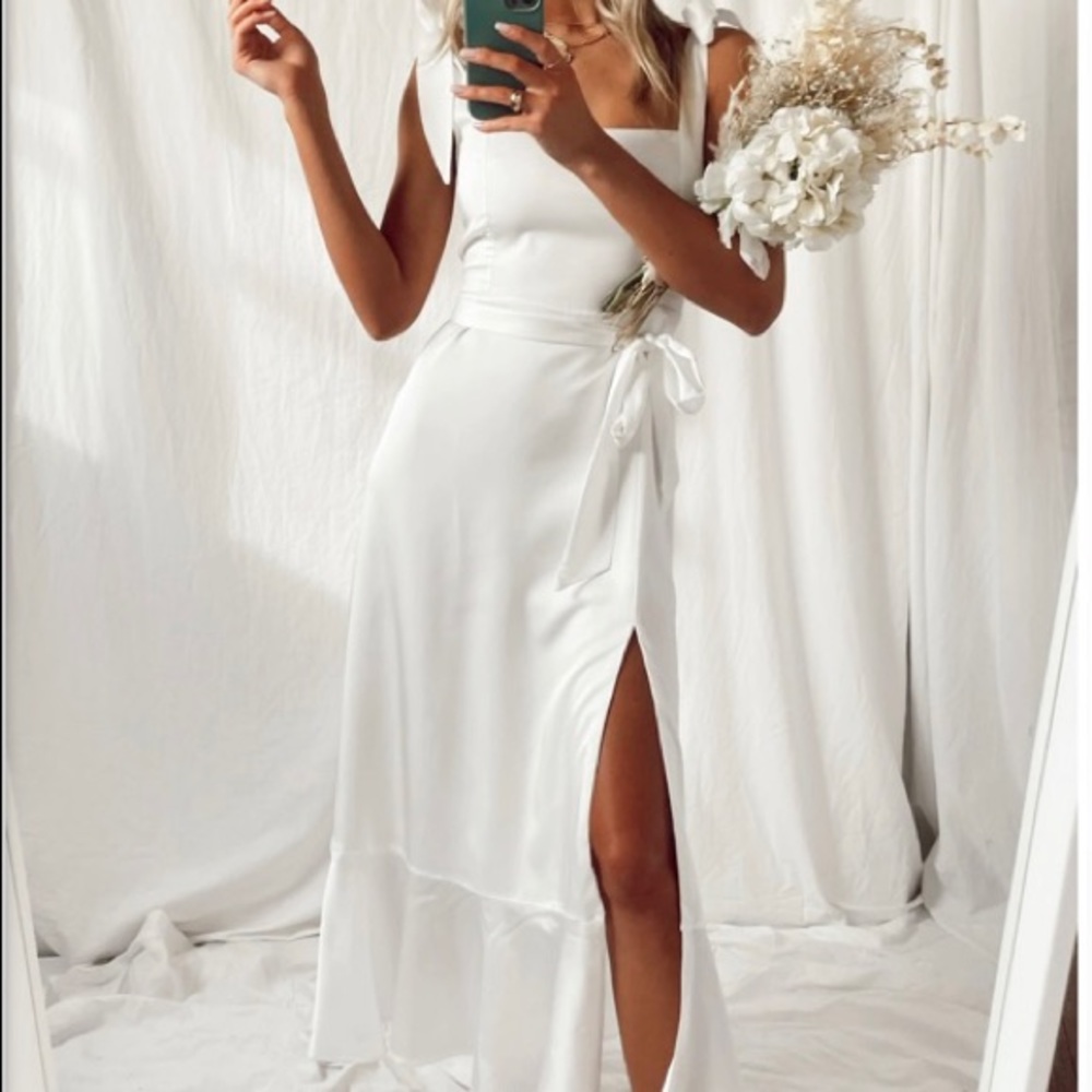 Show Me Your Mumu Garden Midi Dress Ivory Luxe Satin Size M